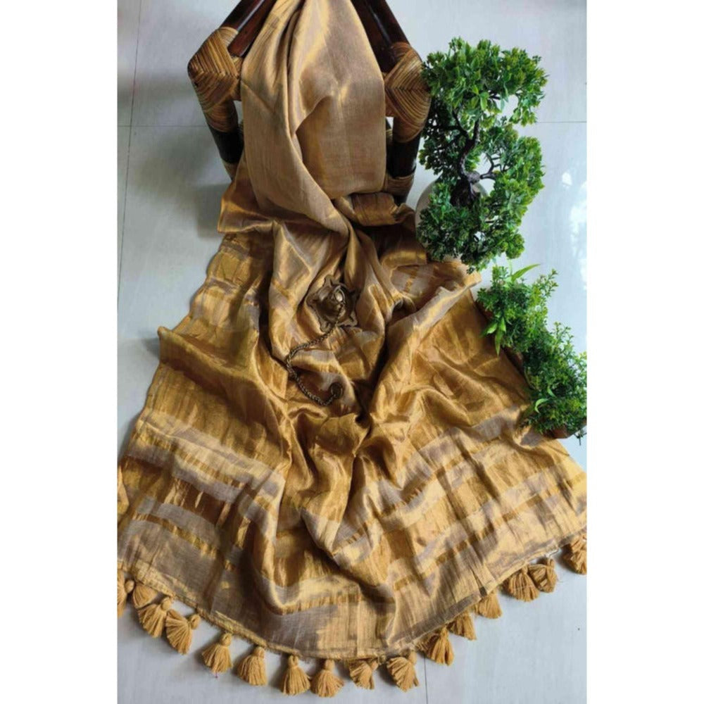 Isadora Life Womens Woven Zari Beige Pre-Draped Saree With Unstitched Blouse