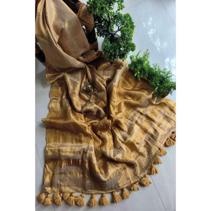 Isadora Life Womens Woven Zari Beige Pre-Draped Saree With Unstitched Blouse