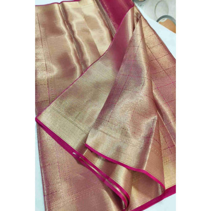 Isadora Life Womens Woven Zari Pink Pre-Draped Saree With Unstitched Blouse