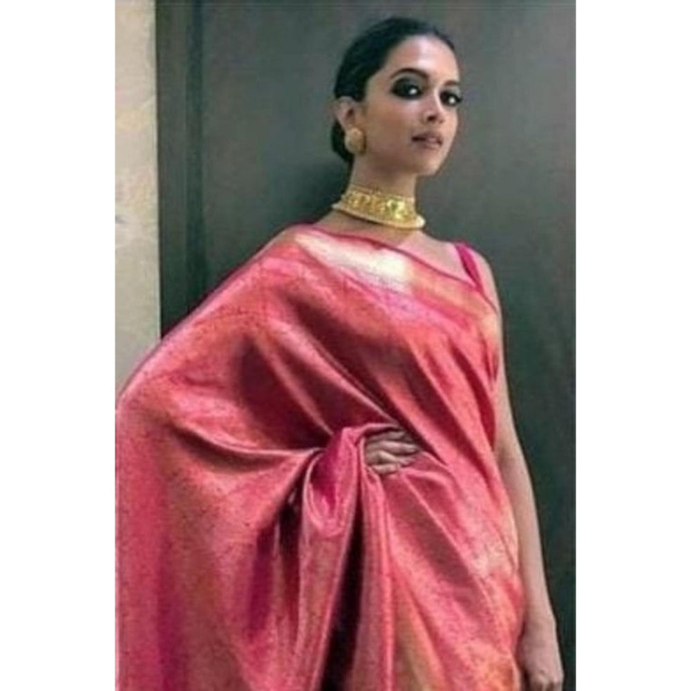 Isadora Life Womens Woven Zari Pink Pre-Draped Saree With Unstitched Blouse