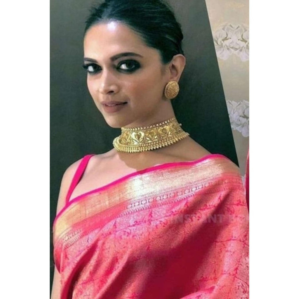 Isadora Life Womens Woven Zari Pink Pre-Draped Saree With Unstitched Blouse