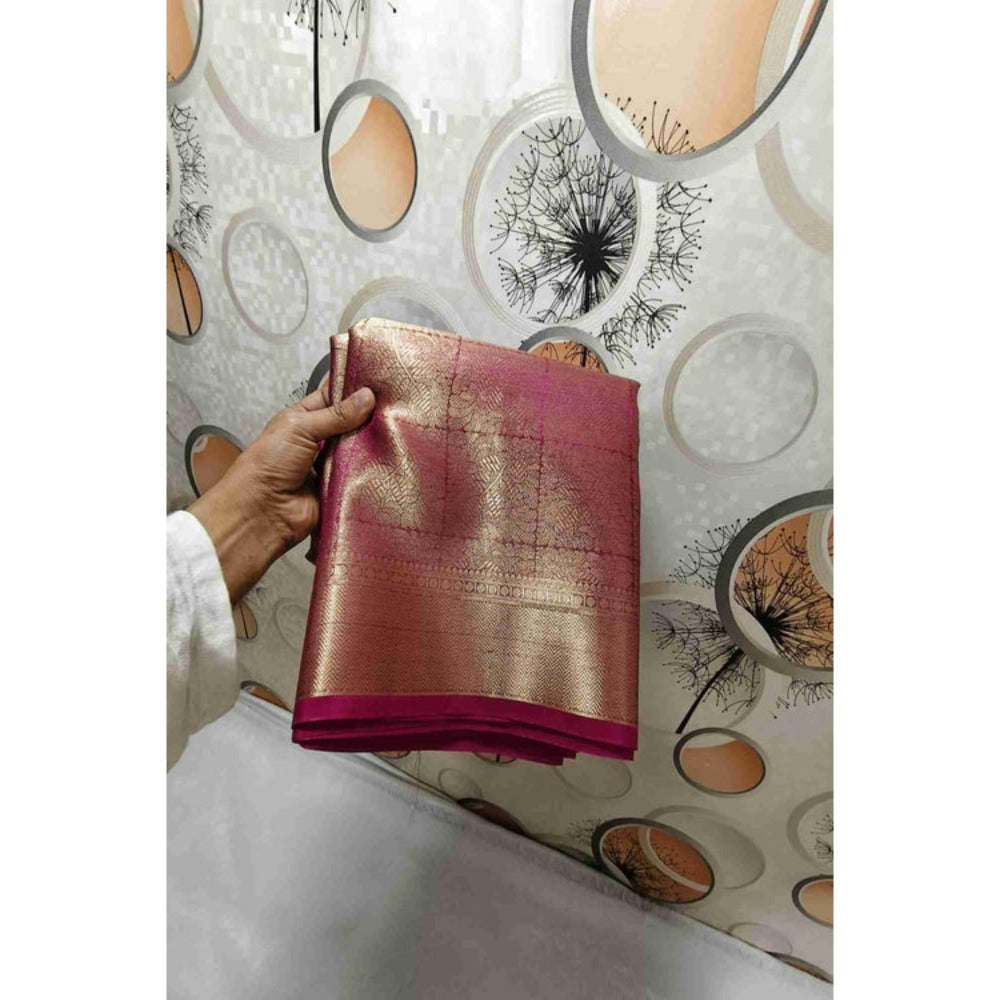 Isadora Life Womens Woven Zari Pink Pre-Draped Saree With Unstitched Blouse