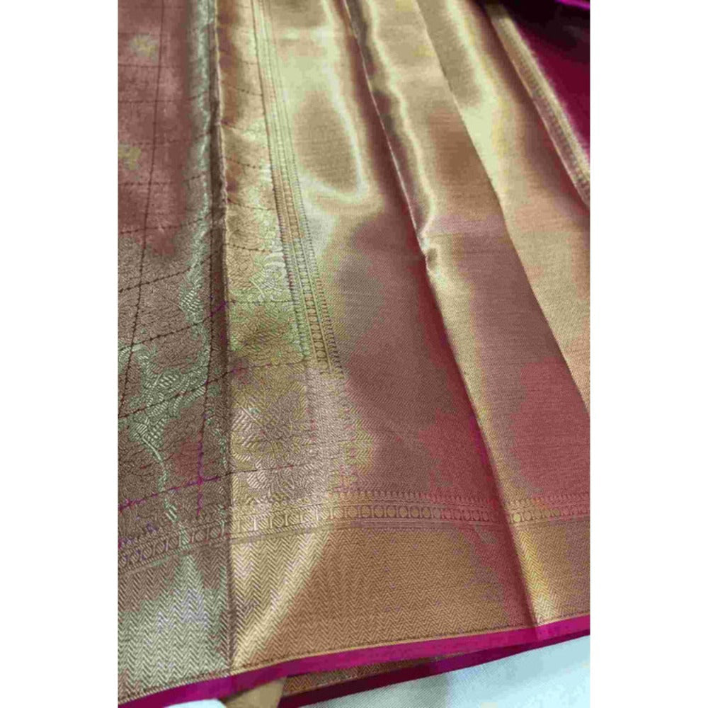 Isadora Life Womens Woven Zari Pink Pre-Draped Saree With Unstitched Blouse