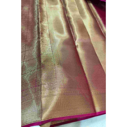 Isadora Life Womens Woven Zari Pink Pre-Draped Saree With Unstitched Blouse