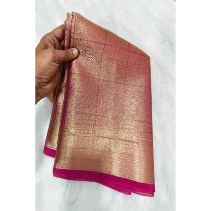 Isadora Life Womens Woven Zari Pink Pre-Draped Saree With Unstitched Blouse