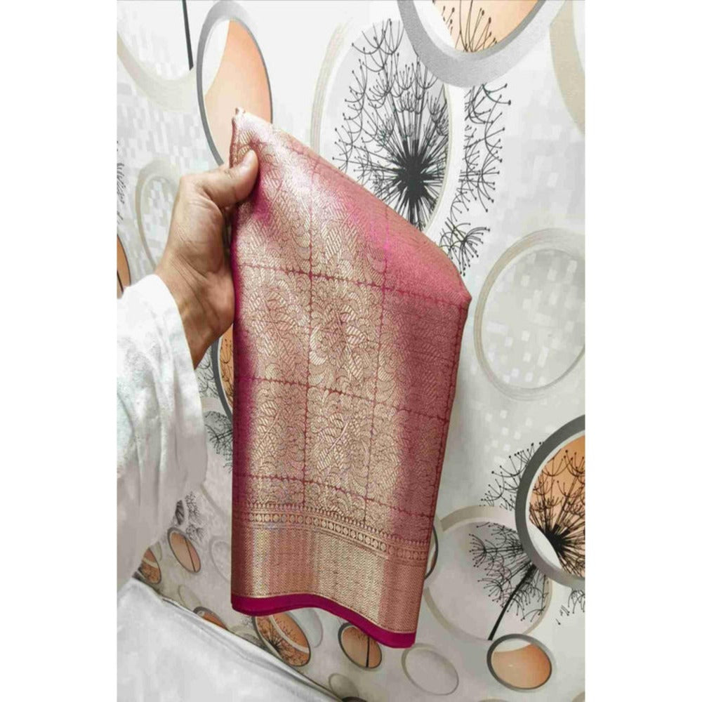 Isadora Life Womens Woven Zari Pink Pre-Draped Saree With Unstitched Blouse