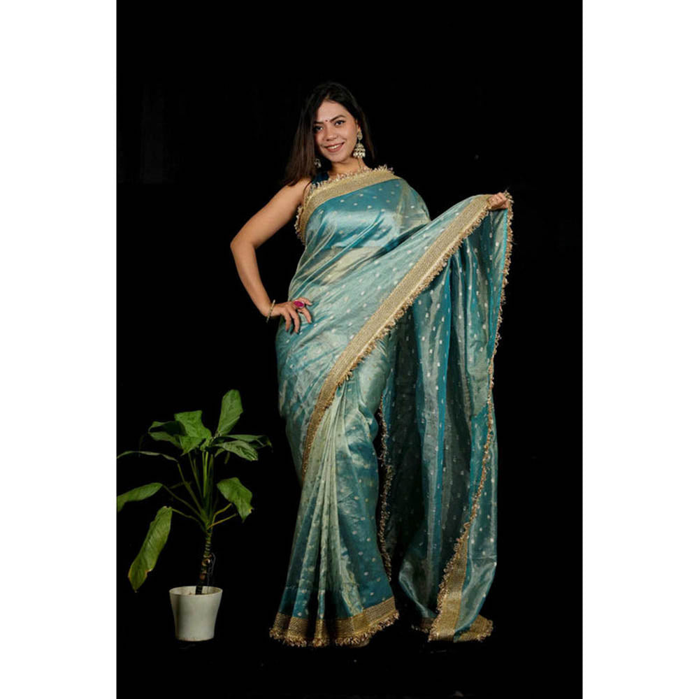 Isadora Life Womens Woven Zari Blue Pre-Draped Saree With Unstitched Blouse