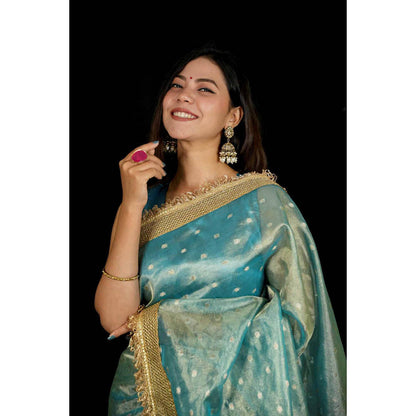Isadora Life Womens Woven Zari Blue Pre-Draped Saree With Unstitched Blouse