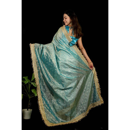 Isadora Life Womens Woven Zari Blue Pre-Draped Saree With Unstitched Blouse