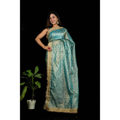 Isadora Life Womens Woven Zari Blue Pre-Draped Saree With Unstitched Blouse