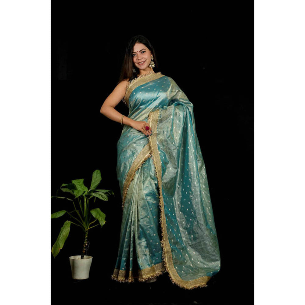 Isadora Life Womens Woven Zari Blue Pre-Draped Saree With Unstitched Blouse