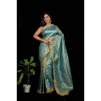 Isadora Life Womens Woven Zari Blue Pre-Draped Saree With Unstitched Blouse