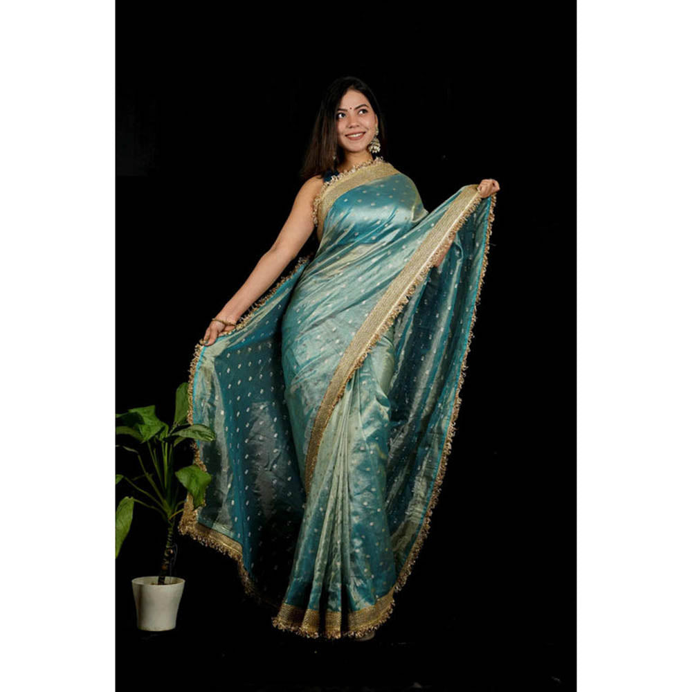 Isadora Life Womens Woven Zari Blue Pre-Draped Saree With Unstitched Blouse