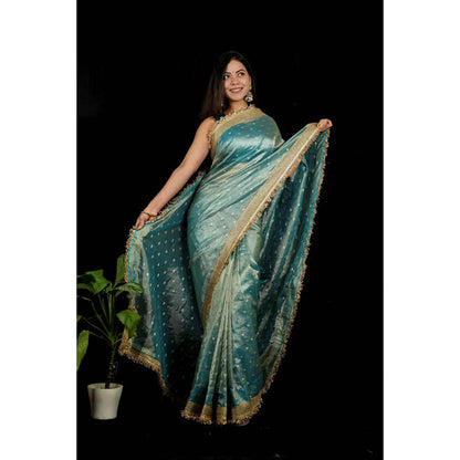 Isadora Life Womens Woven Zari Blue Pre-Draped Saree With Unstitched Blouse