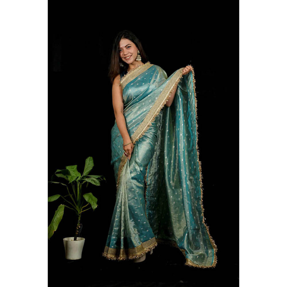 Isadora Life Womens Woven Zari Blue Pre-Draped Saree With Unstitched Blouse