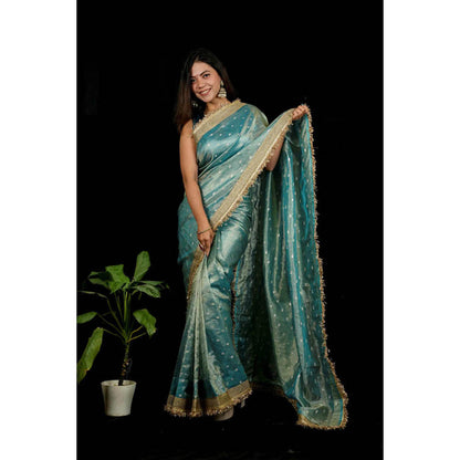 Isadora Life Womens Woven Zari Blue Pre-Draped Saree With Unstitched Blouse