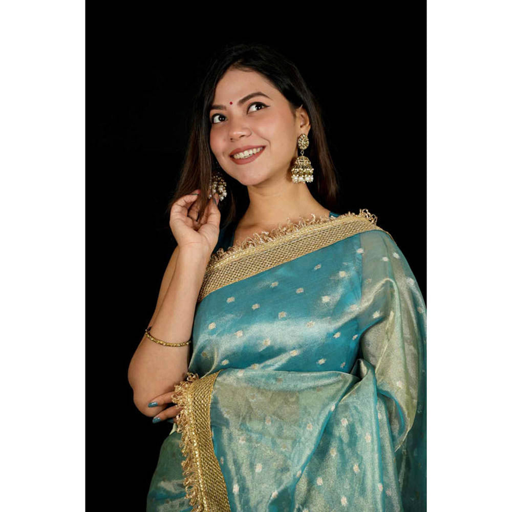 Isadora Life Womens Woven Zari Blue Pre-Draped Saree With Unstitched Blouse