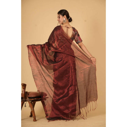 Isadora Life Womens Woven Zari Maroon Pre-Draped Saree With Unstitched Blouse