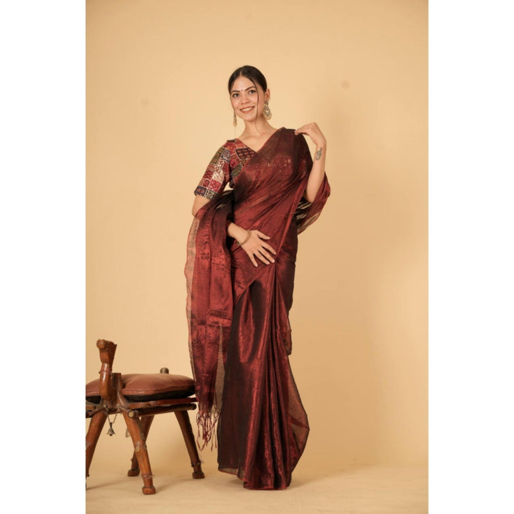 Isadora Life Womens Woven Zari Maroon Pre-Draped Saree With Unstitched Blouse