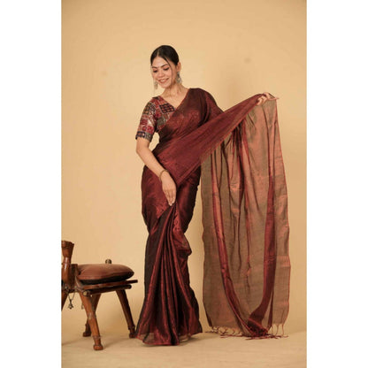 Isadora Life Womens Woven Zari Maroon Pre-Draped Saree With Unstitched Blouse