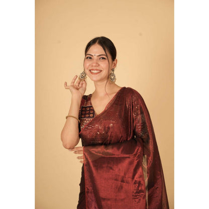 Isadora Life Womens Woven Zari Maroon Pre-Draped Saree With Unstitched Blouse