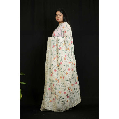 Isadora Life Womens Embroidered Sequined White Pre-Draped Saree With Unstitched Blouse