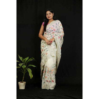 Isadora Life Womens Embroidered Sequined White Pre-Draped Saree With Unstitched Blouse