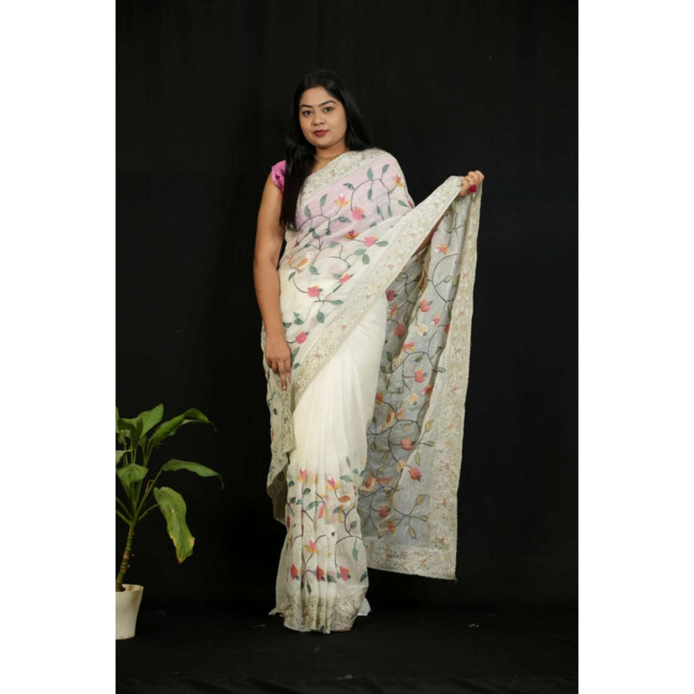 Isadora Life Womens Embroidered Sequined White Pre-Draped Saree With Unstitched Blouse