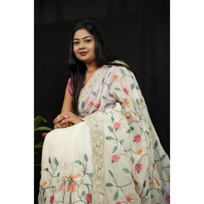 Isadora Life Womens Embroidered Sequined White Pre-Draped Saree With Unstitched Blouse