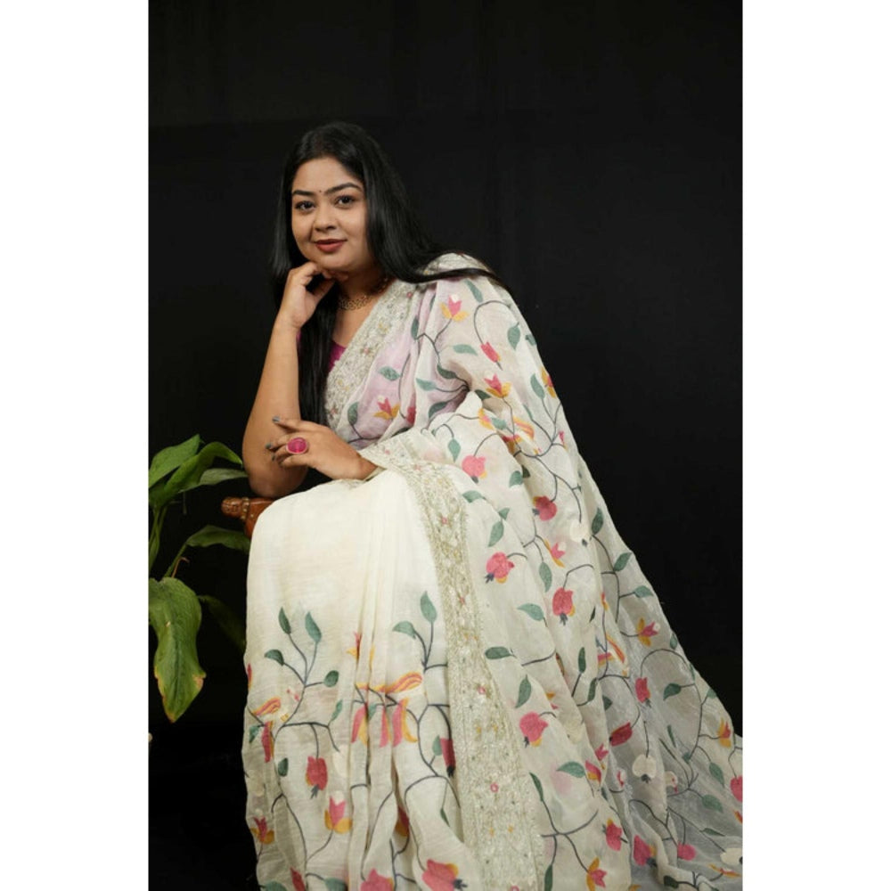 Isadora Life Womens Embroidered Sequined White Pre-Draped Saree With Unstitched Blouse