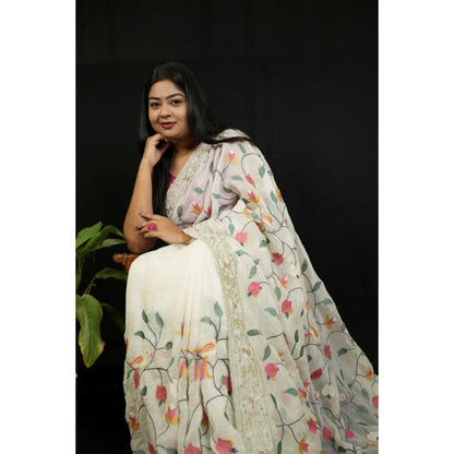 Isadora Life Womens Embroidered Sequined White Pre-Draped Saree With Unstitched Blouse