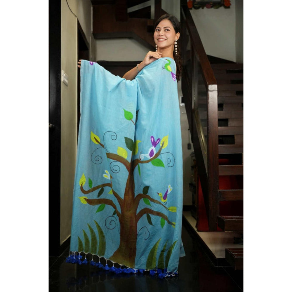 Isadora Life Womens Printed Tassels Blue Pre-Draped Saree With Unstitched Blouse
