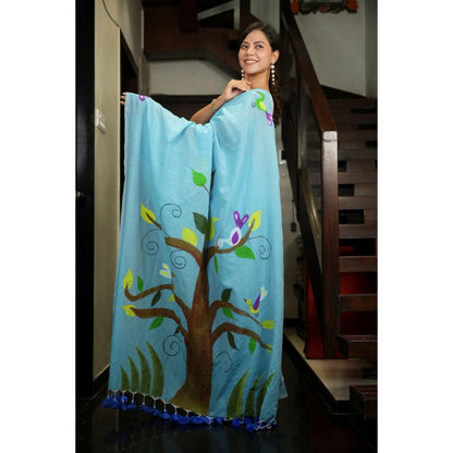 Isadora Life Womens Printed Tassels Blue Pre-Draped Saree With Unstitched Blouse