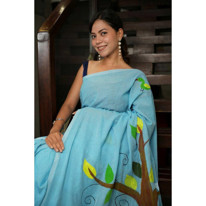 Isadora Life Womens Printed Tassels Blue Pre-Draped Saree With Unstitched Blouse
