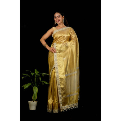 Isadora Life Womens Woven Mirror Work Gold Pre-Draped Saree With Unstitched Blouse
