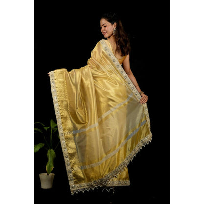 Isadora Life Womens Woven Mirror Work Gold Pre-Draped Saree With Unstitched Blouse