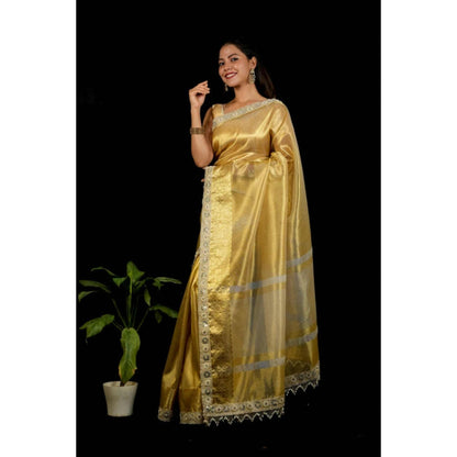Isadora Life Womens Woven Mirror Work Gold Pre-Draped Saree With Unstitched Blouse