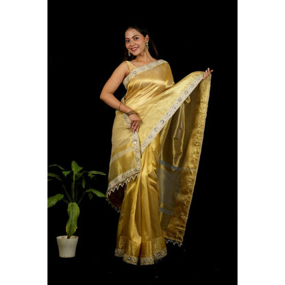 Isadora Life Womens Woven Mirror Work Gold Pre-Draped Saree With Unstitched Blouse