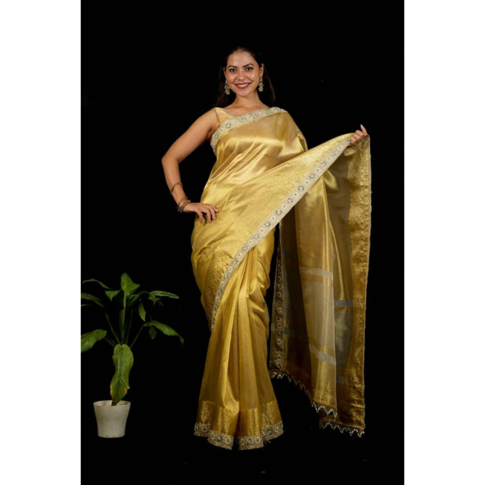 Isadora Life Womens Woven Mirror Work Gold Pre-Draped Saree With Unstitched Blouse