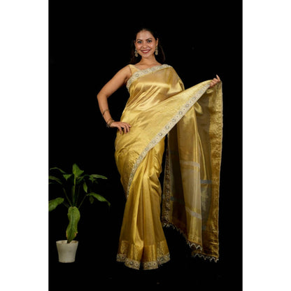 Isadora Life Womens Woven Mirror Work Gold Pre-Draped Saree With Unstitched Blouse