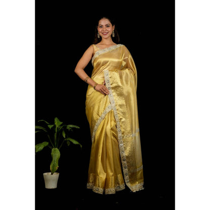 Isadora Life Womens Woven Mirror Work Gold Pre-Draped Saree With Unstitched Blouse