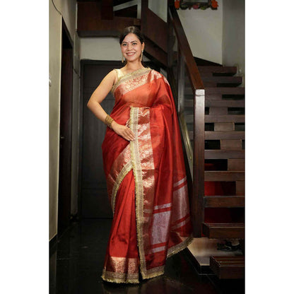 Isadora Life Womens Woven Zari Red Pre-Draped Saree With Unstitched Blouse