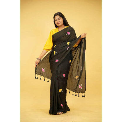 Isadora Life Womens Embroidered Tassels Black Pre-Draped Saree With Unstitched Blouse