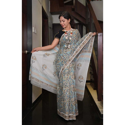 Isadora Life Womens Printed Grey Pre-Draped Saree With Unstitched Blouse
