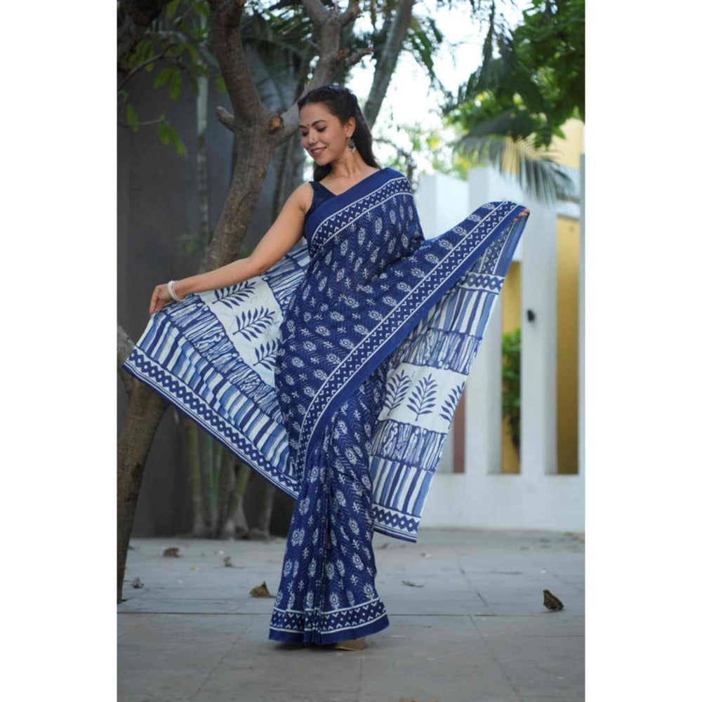 Isadora Life Womens Printed Blue Pre-Draped Saree With Unstitched Blouse