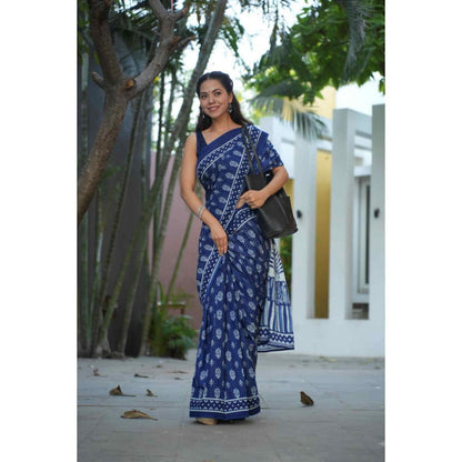 Isadora Life Womens Printed Blue Pre-Draped Saree With Unstitched Blouse
