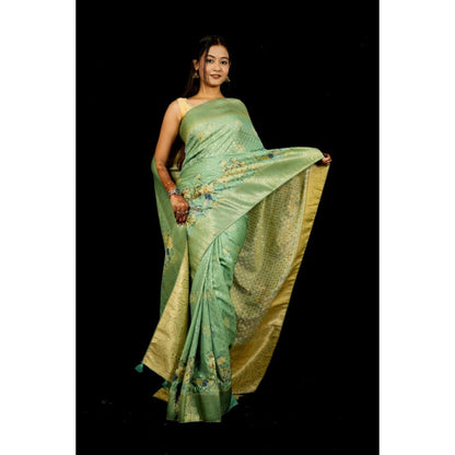 Isadora Life Womens Printed Green Pre-Draped Saree With Unstitched Blouse