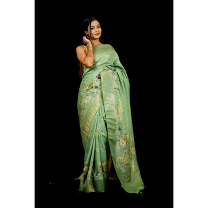 Isadora Life Womens Printed Green Pre-Draped Saree With Unstitched Blouse