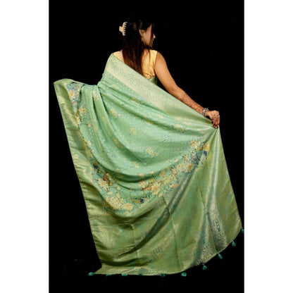 Isadora Life Womens Printed Green Pre-Draped Saree With Unstitched Blouse