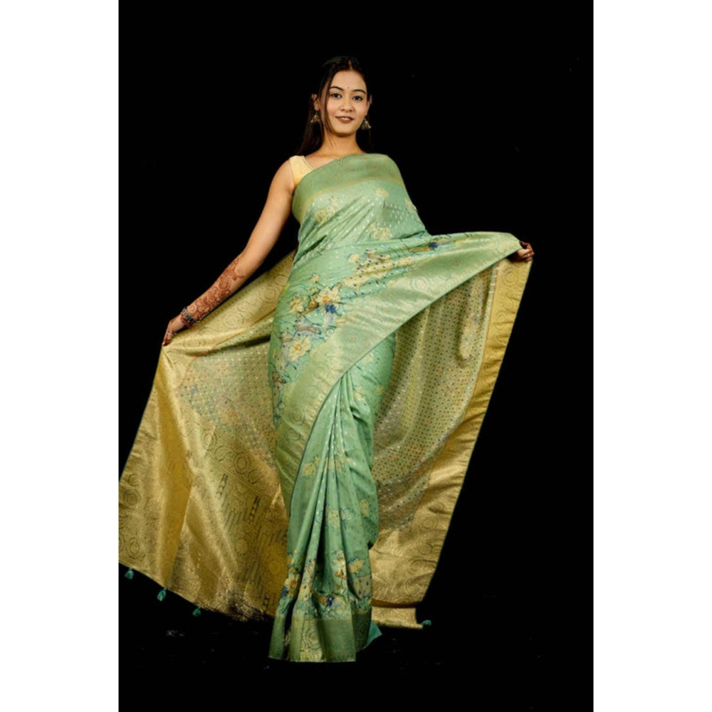 Isadora Life Womens Printed Green Pre-Draped Saree With Unstitched Blouse